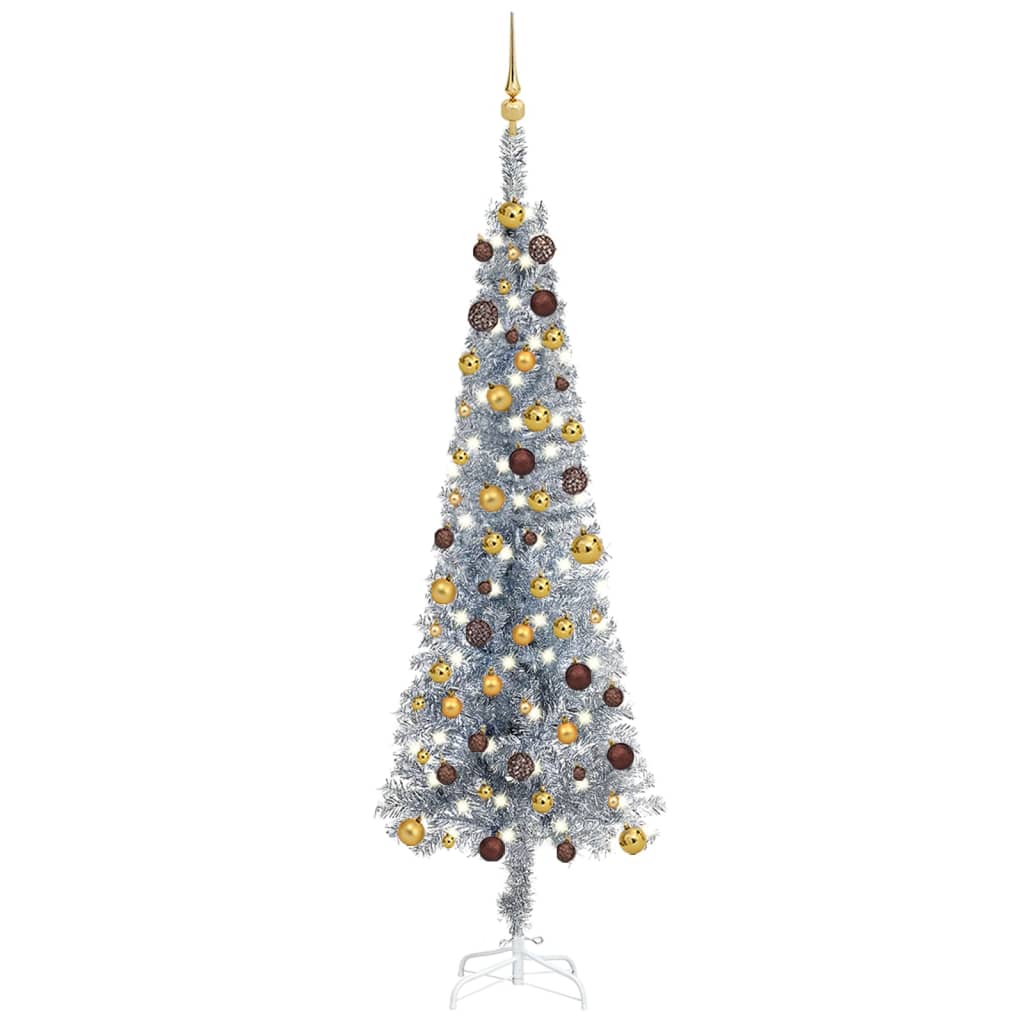 Kerstboom Met Led's En Kerstballen Smal 210 Cm Zilverkleurig