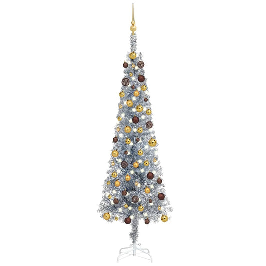 Kerstboom Met Led's En Kerstballen Smal 210 Cm Zilverkleurig