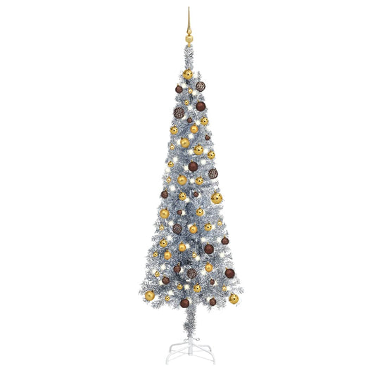 Kerstboom Met Led's En Kerstballen Smal 240 Cm Zilverkleurig