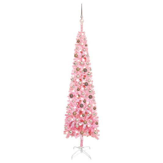Kerstboom Met Led's En Kerstballen Smal 210 Cm Roze