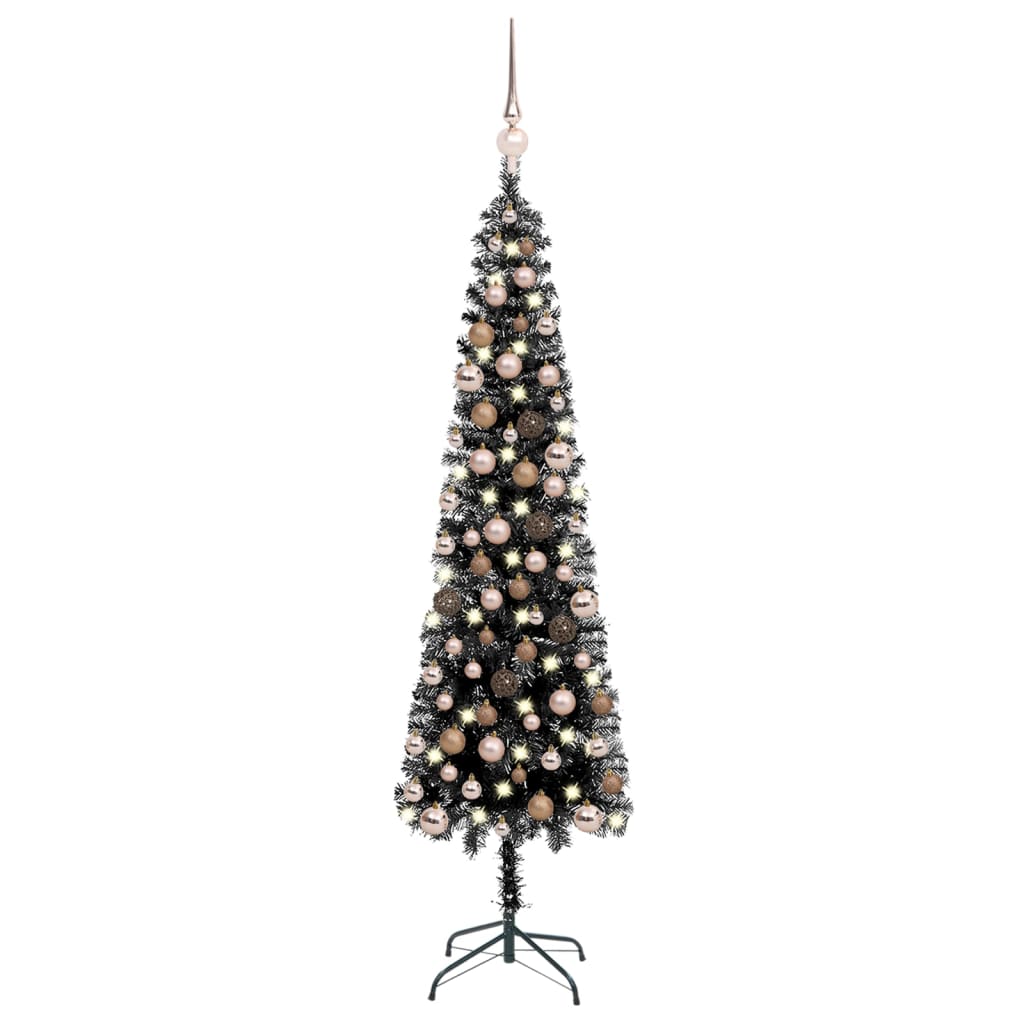 Kerstboom Met Led's En Kerstballen Smal 180 Cm Zwart