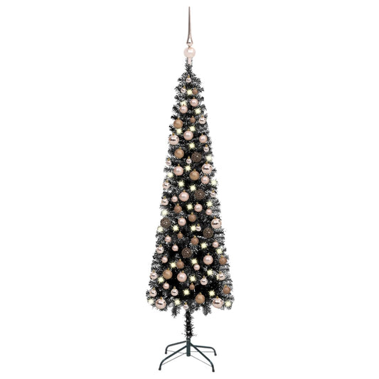 Kerstboom Met Led's En Kerstballen Smal 180 Cm Zwart