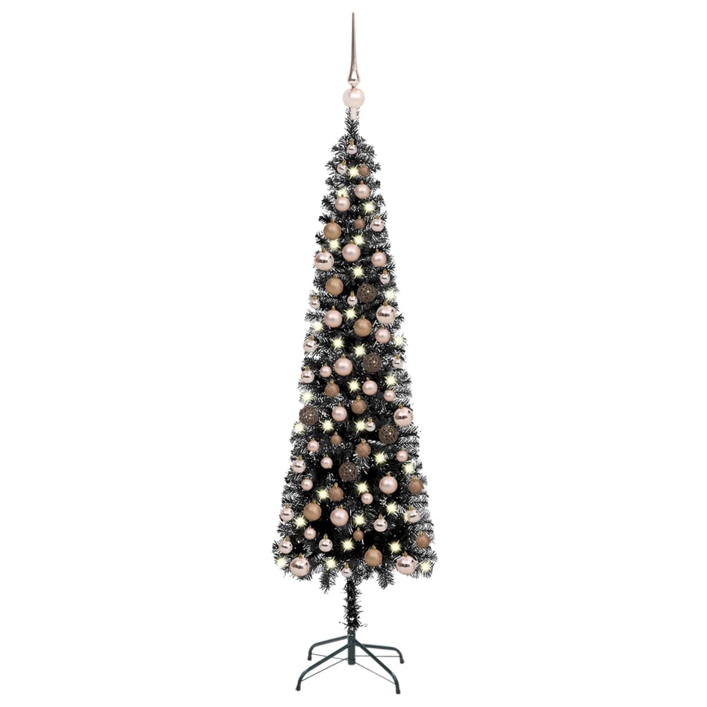 Kerstboom Met Led's En Kerstballen Smal 210 Cm Zwart