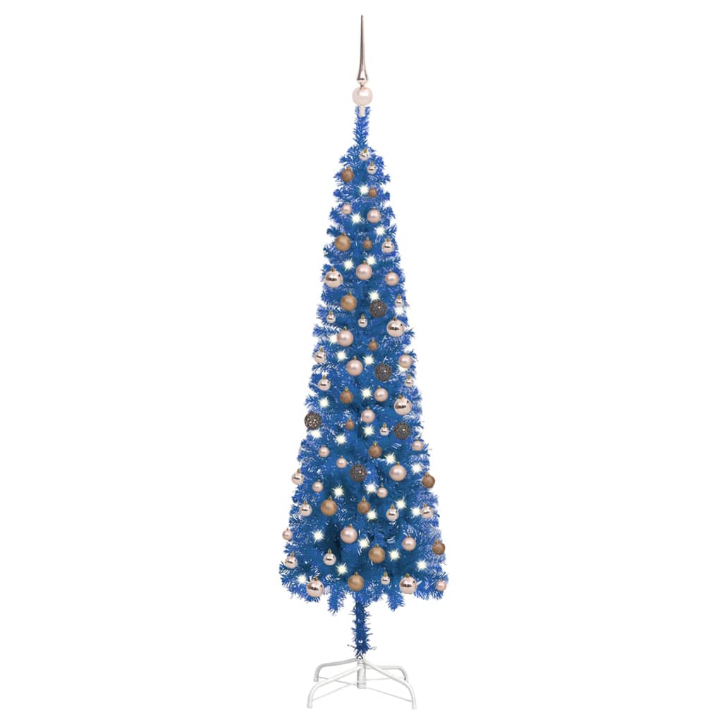 Kerstboom Met Led's En Kerstballen Smal 180 Cm Blauw