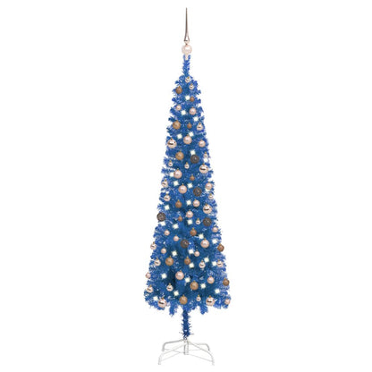 Kerstboom Met Led's En Kerstballen Smal 180 Cm Blauw