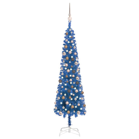 Kerstboom Met Led's En Kerstballen Smal 180 Cm Blauw