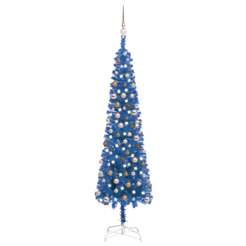 Kerstboom Met Led's En Kerstballen Smal 210 Cm Blauw