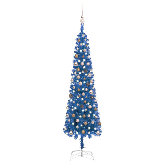Kerstboom Met Led's En Kerstballen Smal 210 Cm Blauw