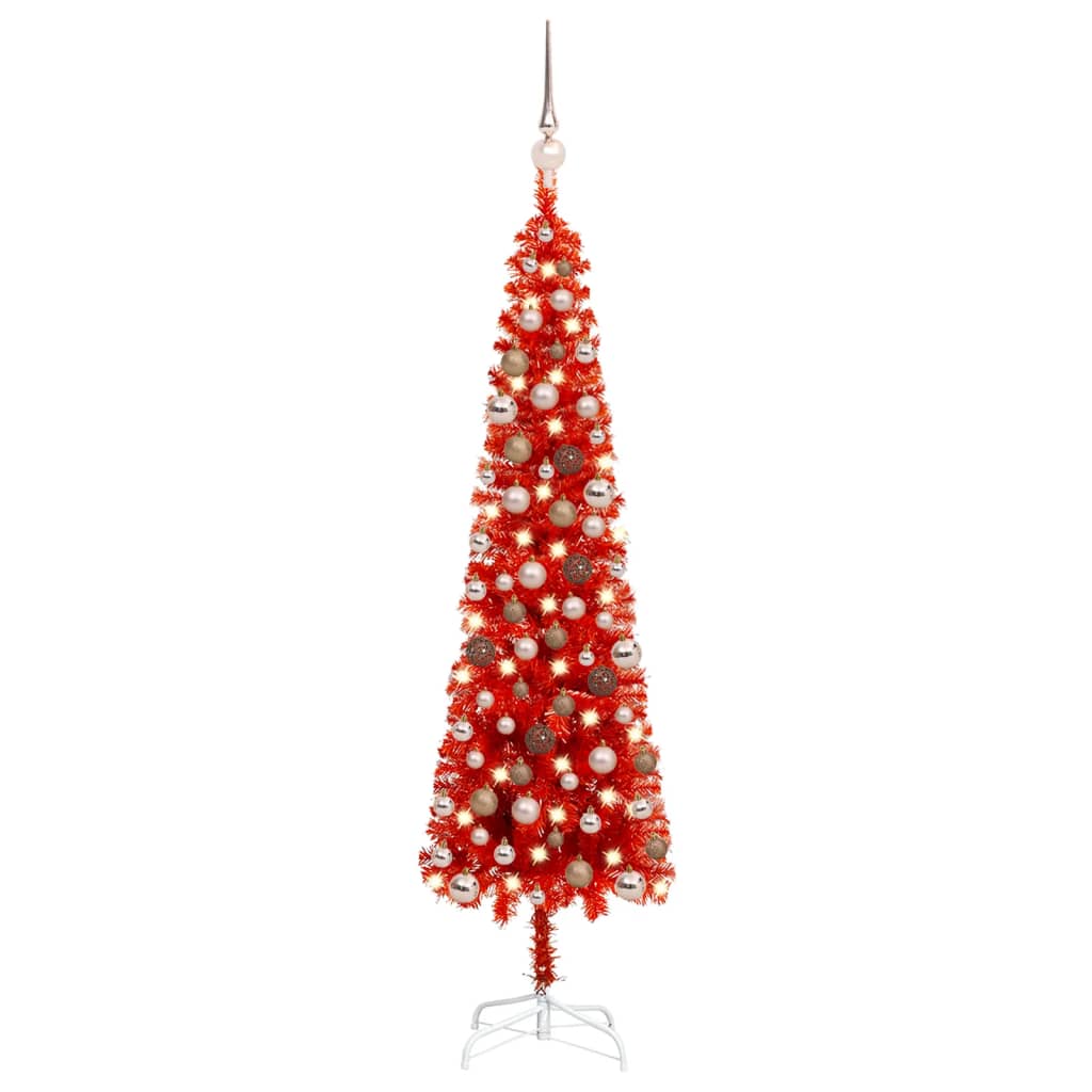 Kerstboom Met Led's En Kerstballen Smal 120 Cm Rood