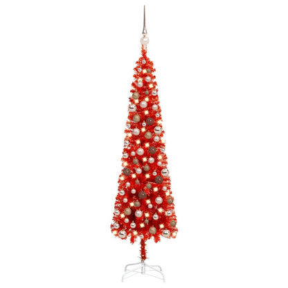 Kerstboom Met Led's En Kerstballen Smal 120 Cm Rood