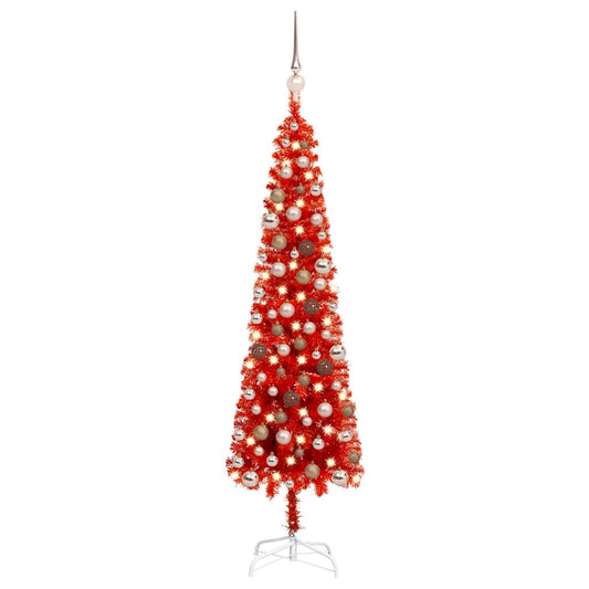 Kerstboom Met Led's En Kerstballen Smal 120 Cm Rood