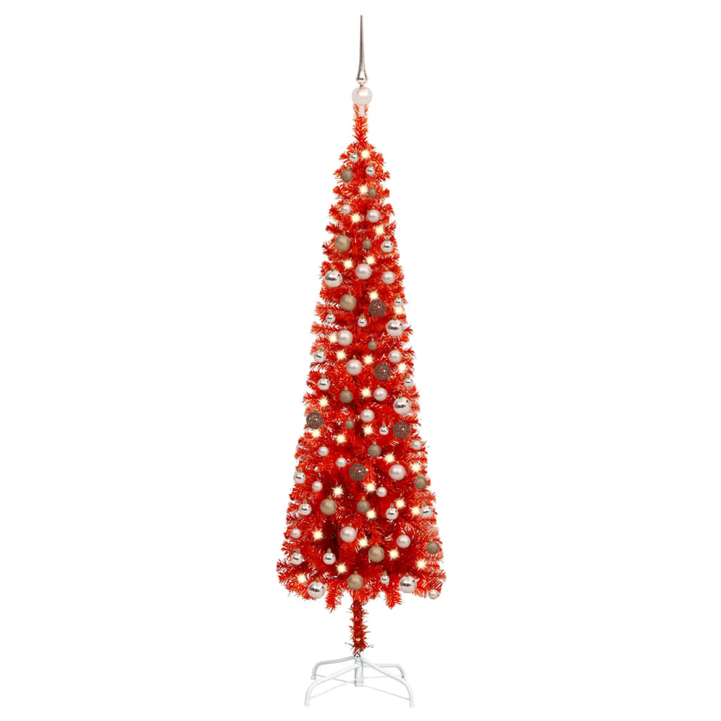 Kerstboom Met Led's En Kerstballen Smal 180 Cm Rood