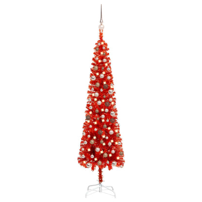 Kerstboom Met Led's En Kerstballen Smal 180 Cm Rood