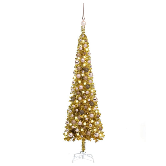 Kerstboom Met Led's En Kerstballen Smal 120 Cm Goudkleurig