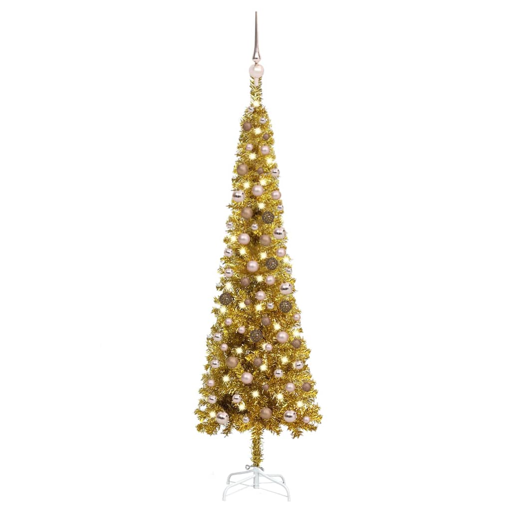 Kerstboom Met Led's En Kerstballen Smal 150 Cm Goudkleurig