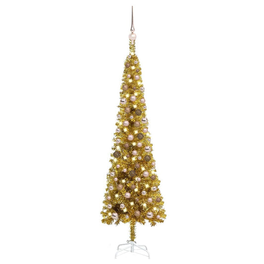 Kerstboom Met Led's En Kerstballen Smal 150 Cm Goudkleurig