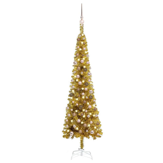 Kerstboom Met Led's En Kerstballen Smal 180 Cm Goudkleurig