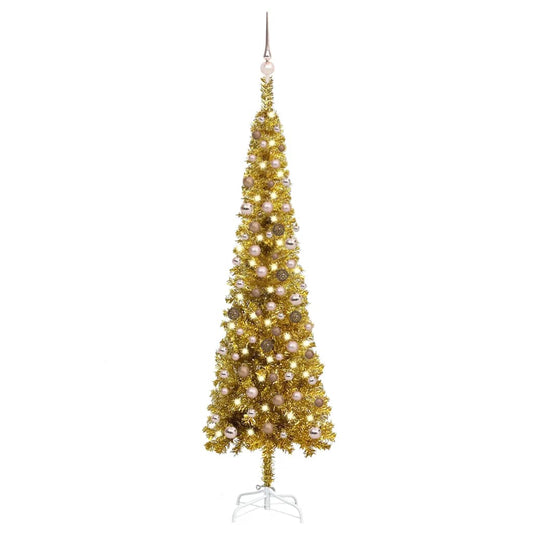 Kerstboom Met Led's En Kerstballen Smal 210 Cm Goudkleurig