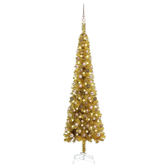Kerstboom Met Led's En Kerstballen Smal 240 Cm Goudkleurig