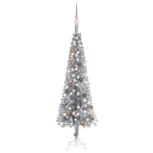 Kerstboom Met Led's En Kerstballen Smal 120 Cm Zilverkleurig