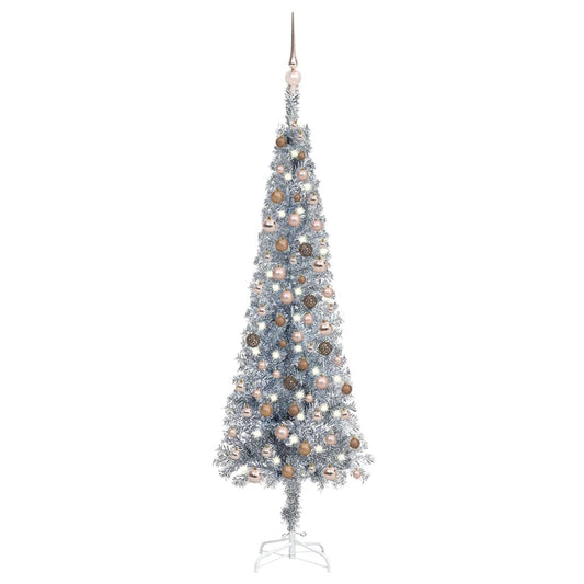 Kerstboom Met Led's En Kerstballen Smal 180 Cm Zilverkleurig