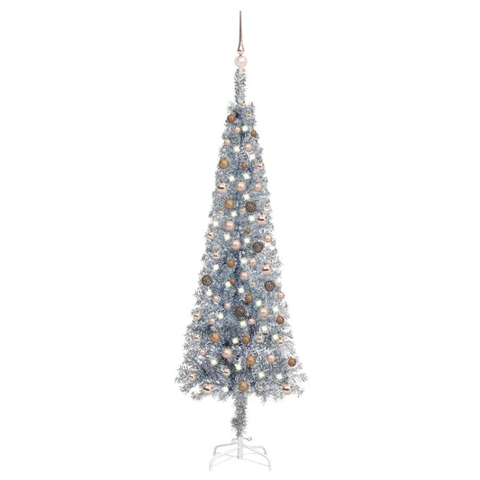 Kerstboom Met Led's En Kerstballen Smal 210 Cm Zilverkleurig