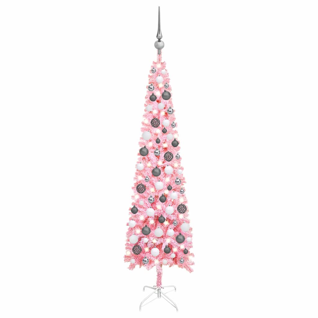 Kerstboom Met Led's En Kerstballen Smal 120 Cm Roze
