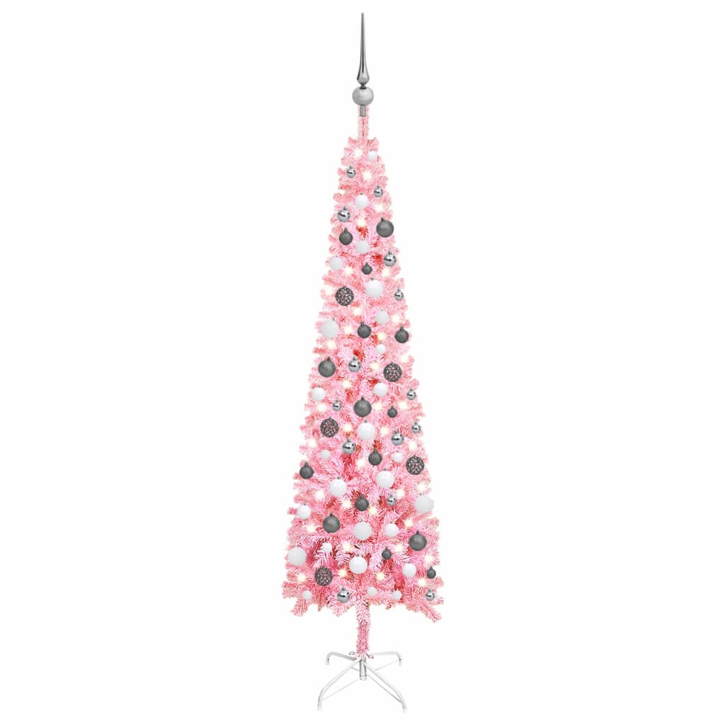 Kerstboom Met Led's En Kerstballen Smal 180 Cm Roze