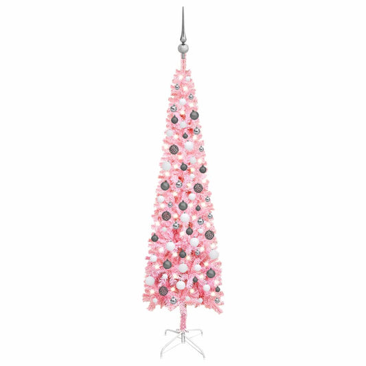 Kerstboom Met Led's En Kerstballen Smal 180 Cm Roze