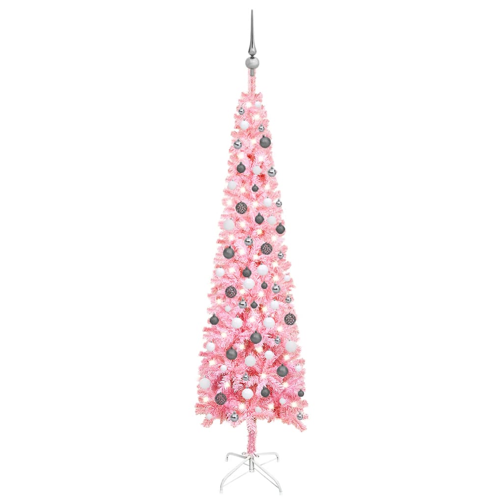 Kerstboom Met Led's En Kerstballen Smal 210 Cm Roze