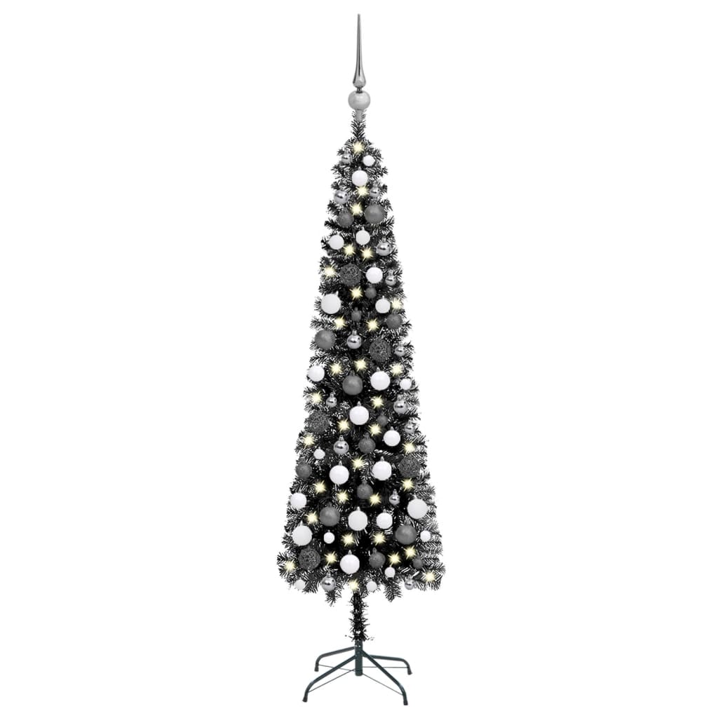 Kerstboom Met Led's En Kerstballen Smal 120 Cm Zwart