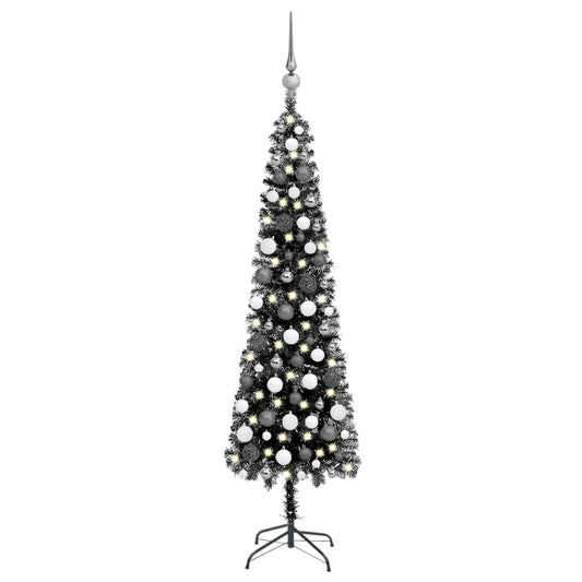 Kerstboom Met Led's En Kerstballen Smal 180 Cm Zwart