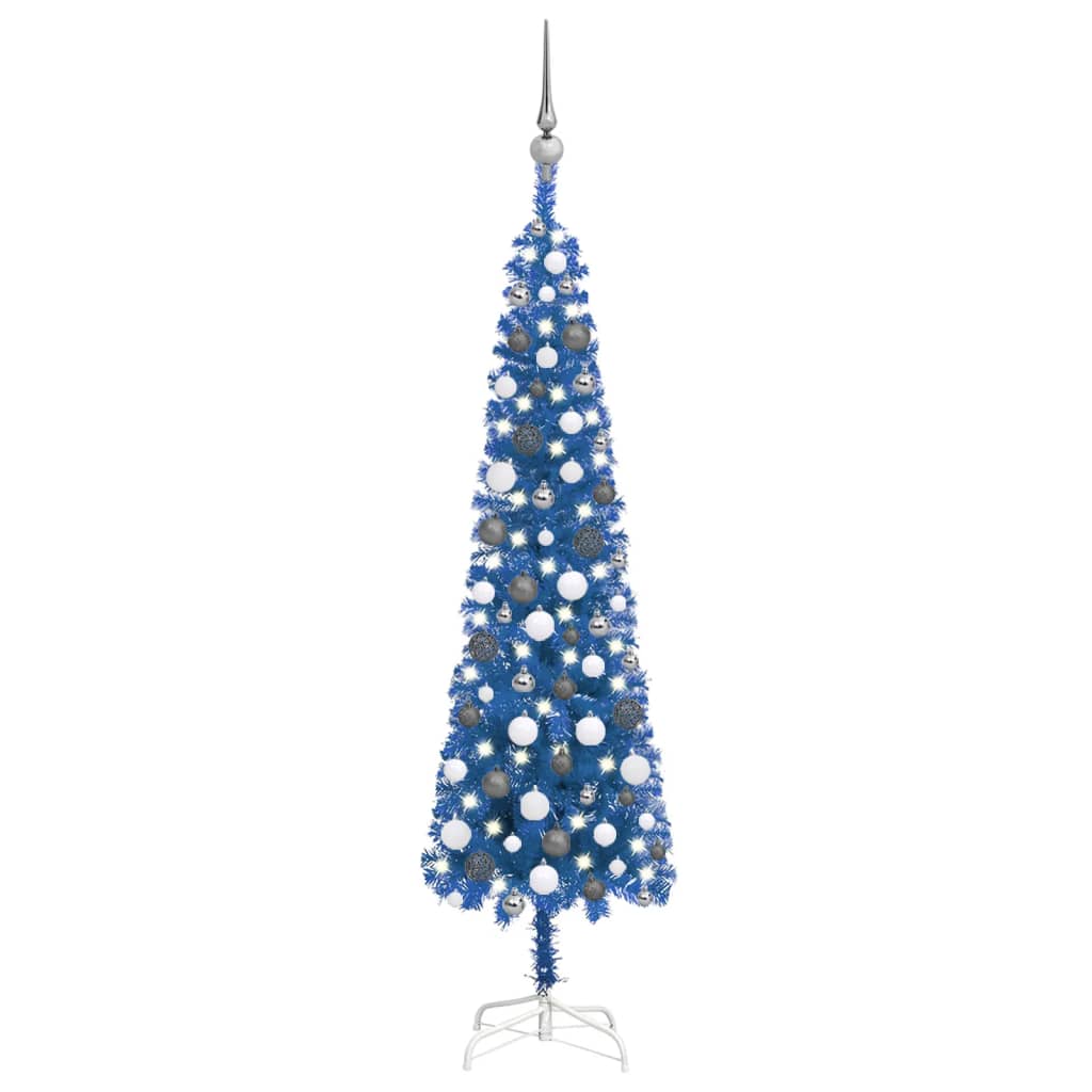 Kerstboom Met Led's En Kerstballen Smal 150 Cm Blauw