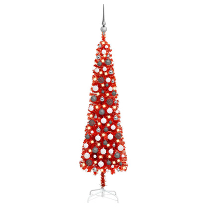 Kerstboom Met Led's En Kerstballen Smal 120 Cm Rood