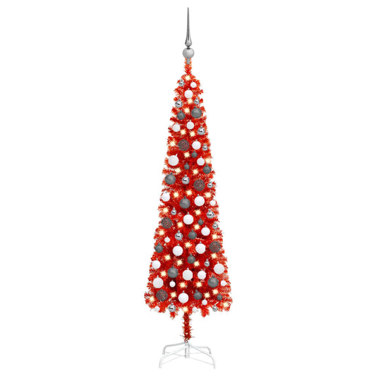 Kerstboom Met Led's En Kerstballen Smal 120 Cm Rood