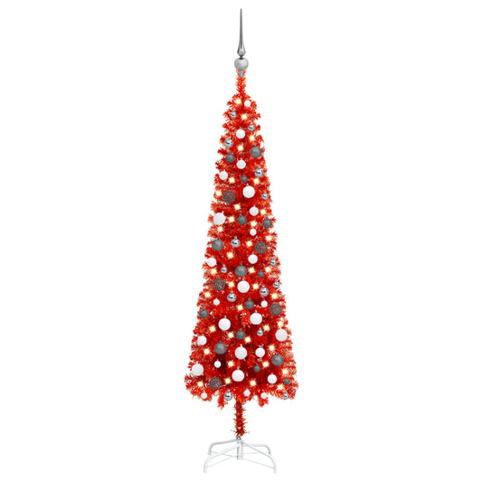 Kerstboom Met Led's En Kerstballen Smal 180 Cm Rood