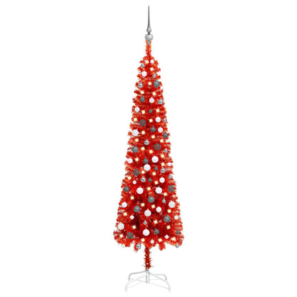 Kerstboom Met Led's En Kerstballen Smal 210 Cm Rood