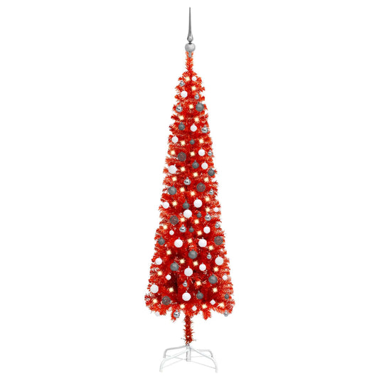 Kerstboom Met Led's En Kerstballen Smal 210 Cm Rood