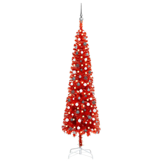 Kerstboom Met Led's En Kerstballen Smal 240 Cm Rood