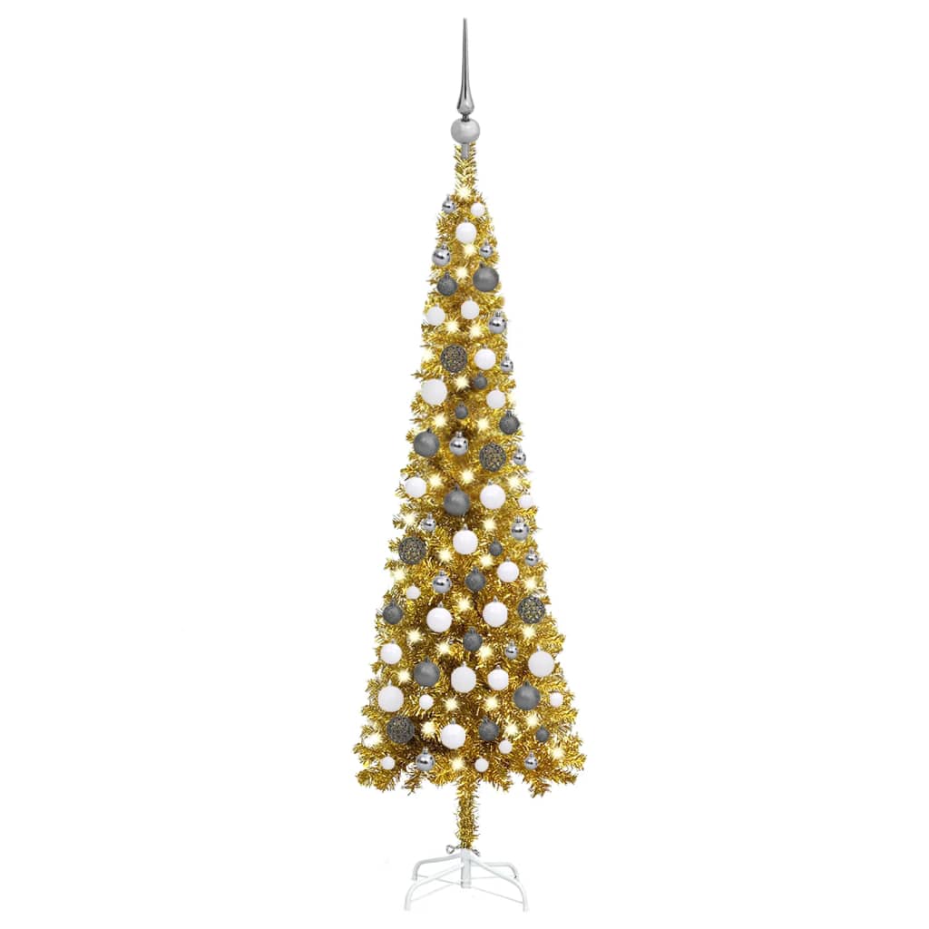 Kerstboom Met Led's En Kerstballen Smal 120 Cm Goudkleurig