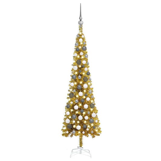 Kerstboom Met Led's En Kerstballen Smal 120 Cm Goudkleurig