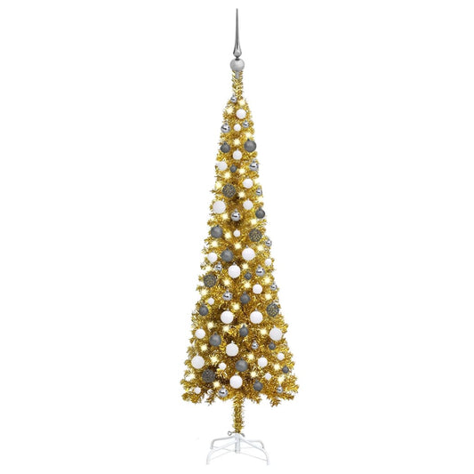 Kerstboom Met Led's En Kerstballen Smal 150 Cm Goudkleurig