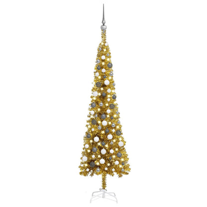 Kerstboom Met Led's En Kerstballen Smal 180 Cm Goudkleurig