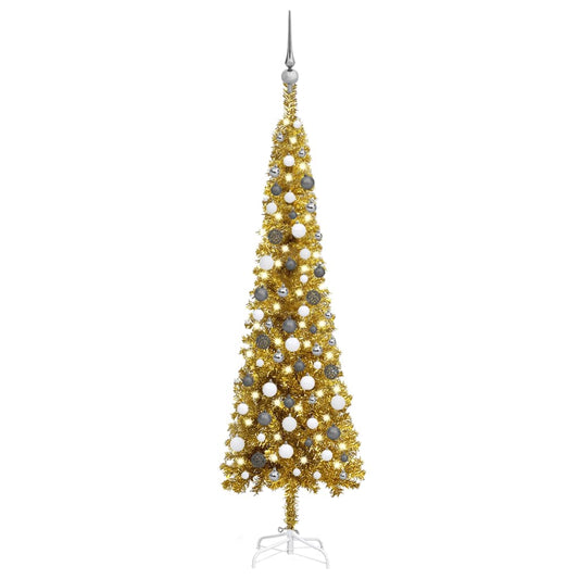 Kerstboom Met Led's En Kerstballen Smal 180 Cm Goudkleurig