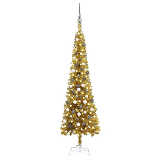 Kerstboom Met Led's En Kerstballen Smal 210 Cm Goudkleurig