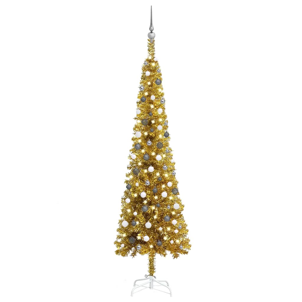 Kerstboom Met Led's En Kerstballen Smal 240 Cm Goudkleurig