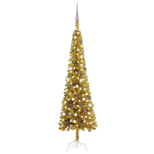 Kerstboom Met Led's En Kerstballen Smal 240 Cm Goudkleurig