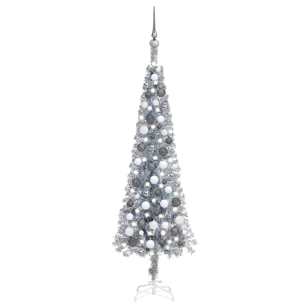 Kerstboom Met Led's En Kerstballen Smal 120 Cm Zilverkleurig