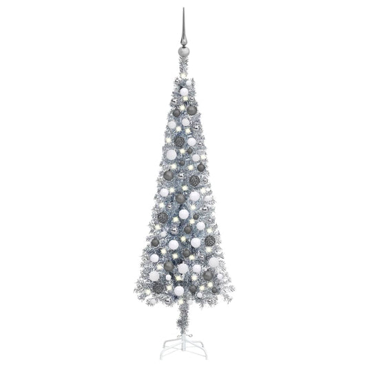 Kerstboom Met Led's En Kerstballen Smal 120 Cm Zilverkleurig
