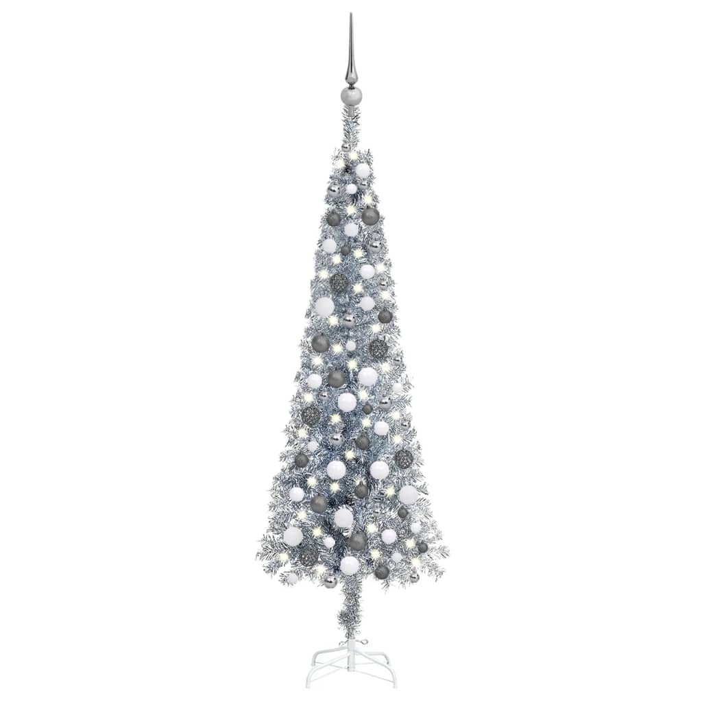 Kerstboom Met Led's En Kerstballen Smal 150 Cm Zilverkleurig